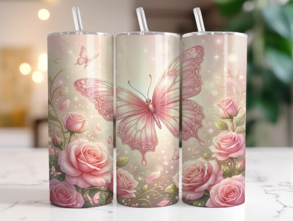 Floral Butterfly Soft Pink Roses Tumbler