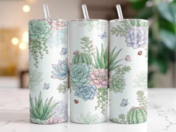 Pastel Succulent Cactus Tumbler Wrap PNG