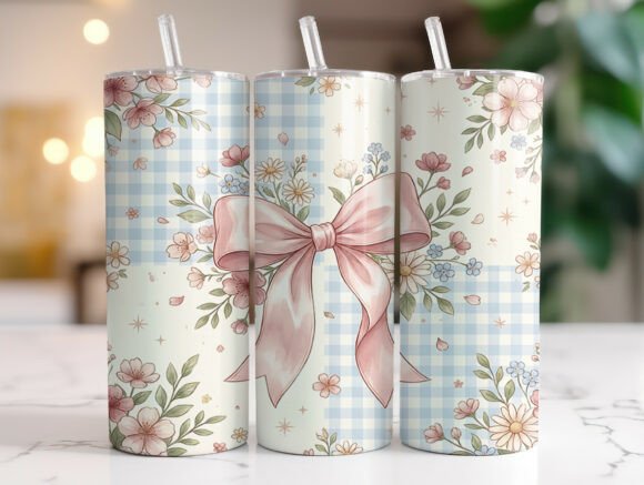 Pink Bow Gingham Flowers Ribbon Tumbler