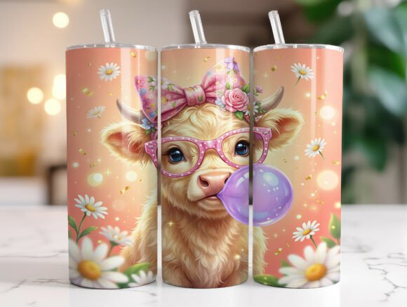 Pink Bow Highland Cow Daisy Tumbler Wrap
