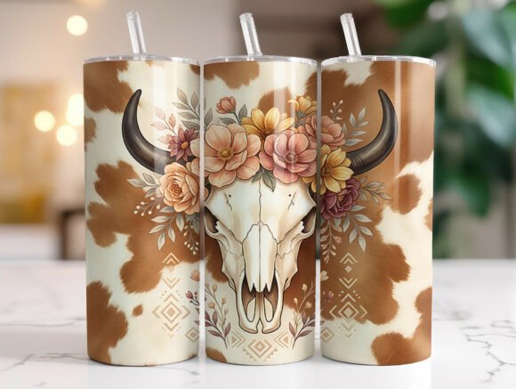 Rustic Cow Skull Floral 20oz Tumbler PNG