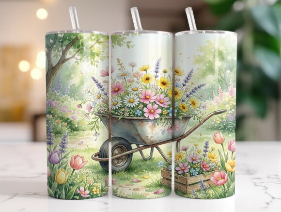 Spring Flower Wheelbarrow Tumbler Wrap