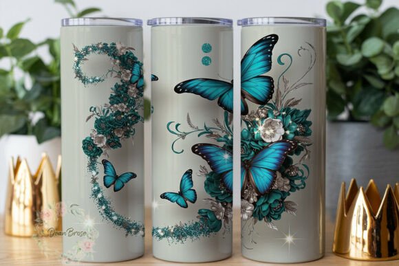 Teal Butterfly Floral Glitter Tumbler