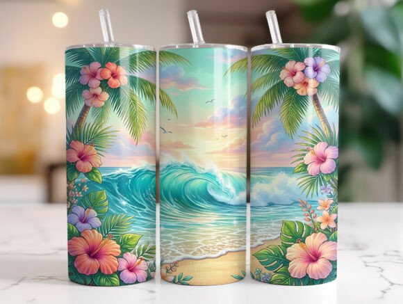 Tropical Ocean Wave Floral Tumbler Wrap